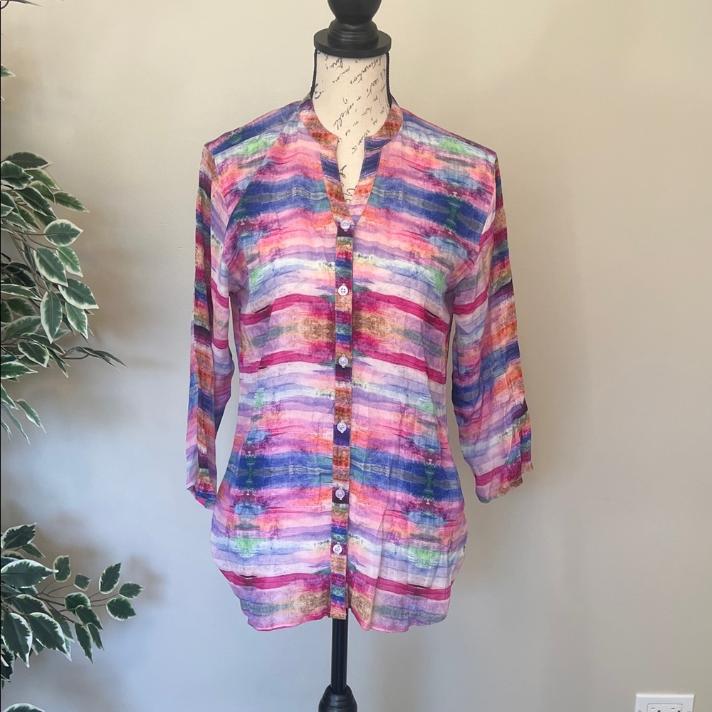 APNY Women’s Colorful Striped Button‑Up Blouse – Size S / Bright Print Top